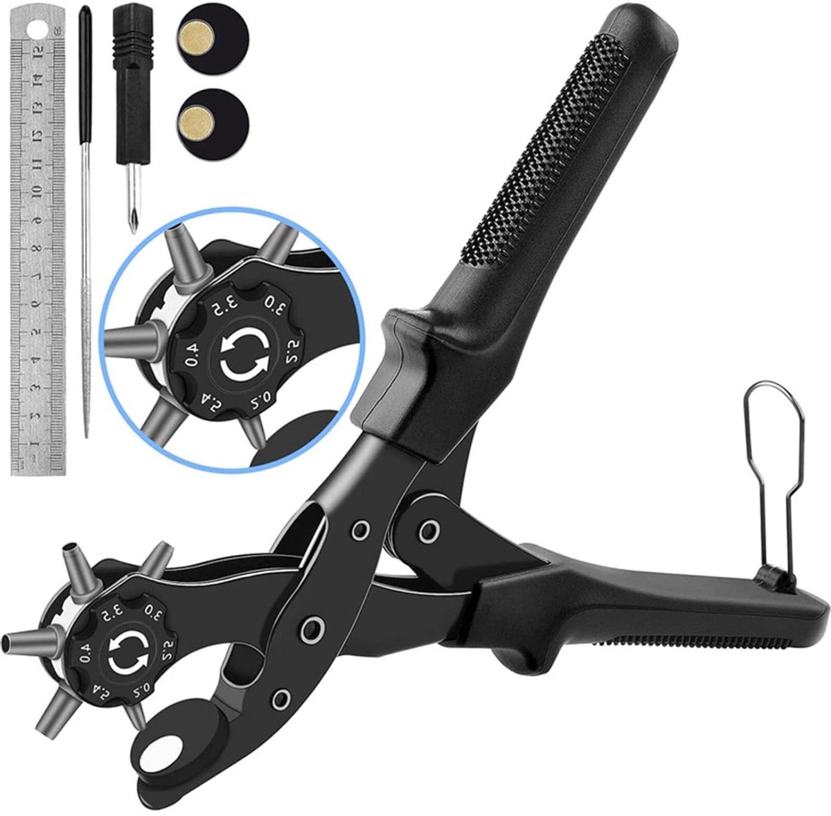 Allecto Plus - Gordelgaten Riemgat Draaibare Perforator met Liniaal Gereedschap - 6 Maten - Voor Riemen Mappen Horloges Zadels Dierenhalsbanden - Zwart