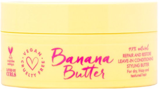 Gele pot met "Banana Butter" en "97% natural REPAIR AND RESTORE LEAVE-IN CONDITIONING STYLING BUTTER for dry, frizzy and textured hair".