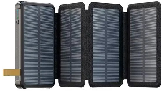 Solar Powerbank 20.000mAh – 4 Zonnepanelen – Zonne-energie – Waterdicht – Draagbaar & Duurzaam – Snellader met dubbele USB & USB-C – Geschikt voor iPhone, Samsung – Outdoor & Noodpakket – Kamperen – Zaklamp – 3 in 1 – Quickprep