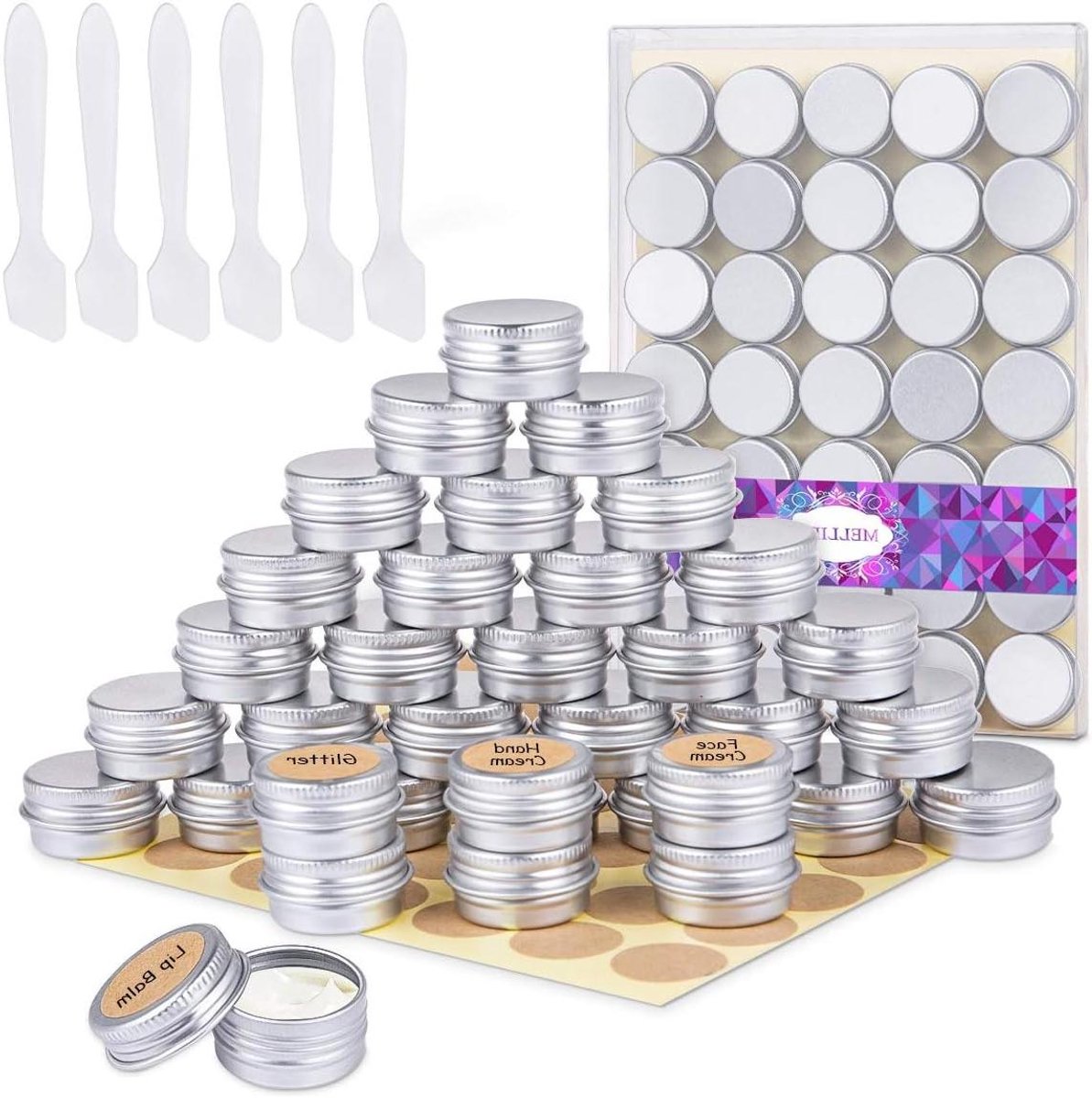 "Set van 35 lege aluminium cosmetische potten - 5 ml met spatel en labelstickers - voor lippenbalsem monsters en meer"