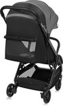 Zwarte Lionelo buggy gezien vanaf de achterkant met een kijkvenster op de kap en opbergmand.