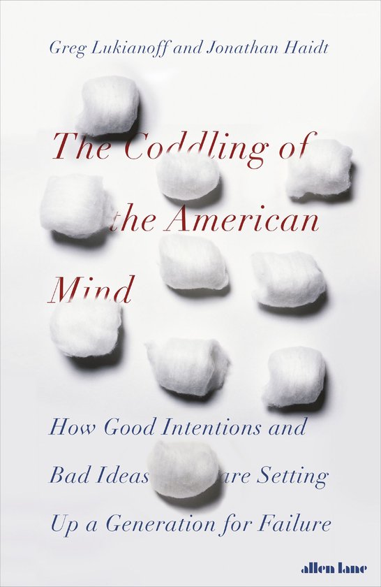 Boekhoes met de titel 'The Coddling of the American Mind'. Negen witte wattenbolletjes liggen verspreid over de witte achtergrond.