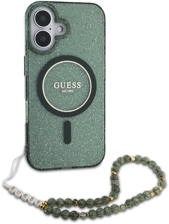 Guess geschikt voor MagSafe IML Glitter Case met beads strap geschikt voor iPhone 16 Pro Max - Green