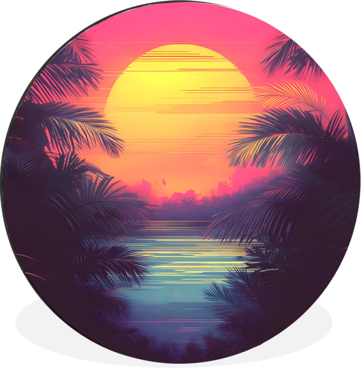 WallCircle Wandcirkel - Muurcirkel - Zon - Geel - Palmbomen - Tropisch - Aluminium - Dibond - 120x120 cm - Binnen en Buiten Palmbomen - Zon