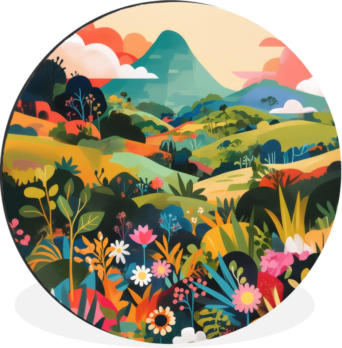 WallCircle Wandcirkel - Muurcirkel - Zonlicht - Heuvels - Wolkenlucht - Aluminium - Dibond - 60x60 cm - Binnen en Buiten Heuvels - Bloemen - Wolken