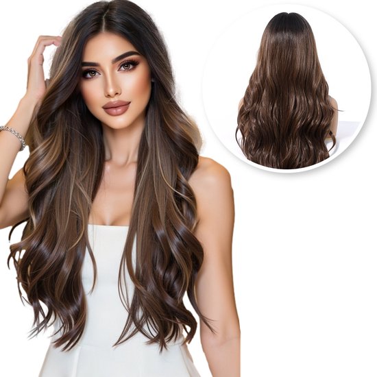 Model met lang, golvend, donkerbruin haar met highlights. Inzet toont de achterkant.