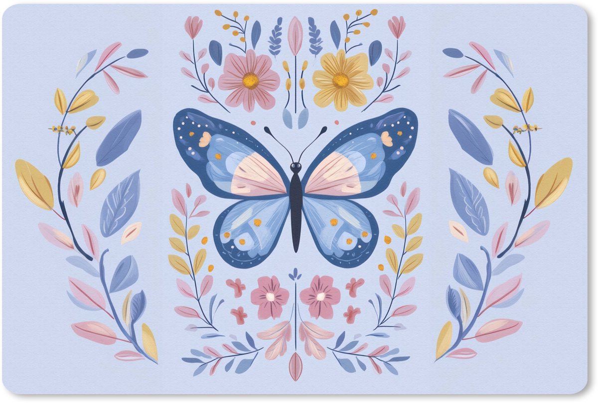 Muismat 27x18 cm - Mousepad Vlinder - Lichtblauw - Sierlijk - Bloemen - Muismatten