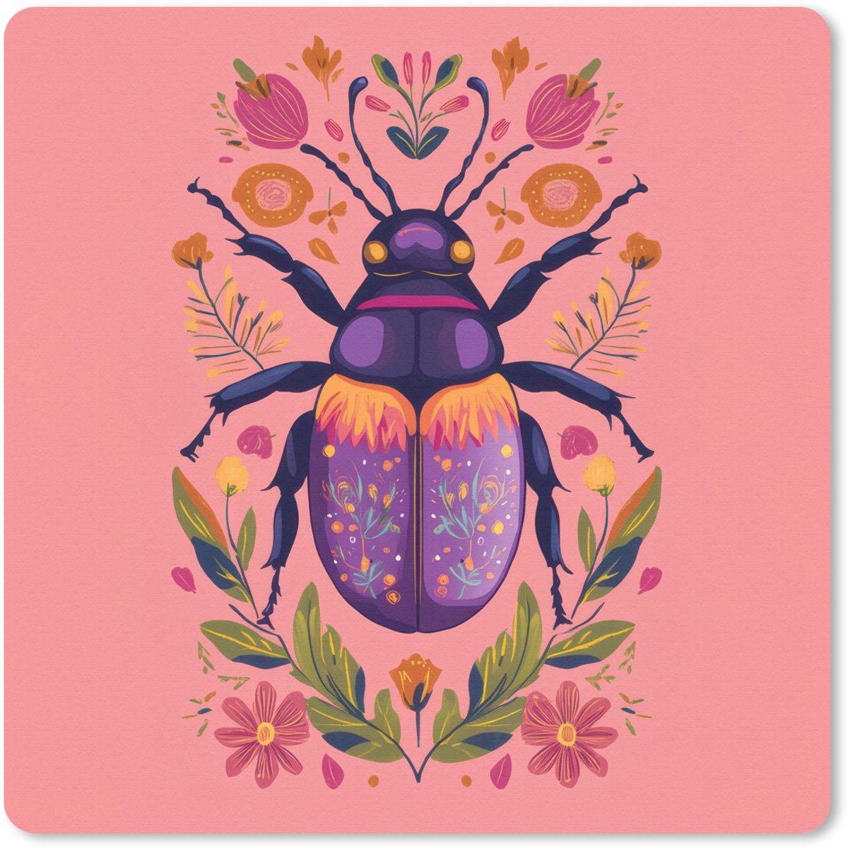 Muismat 30x30 cm - Mousepad Paars - Kever - Stipjes - Bloemen - Muismatten