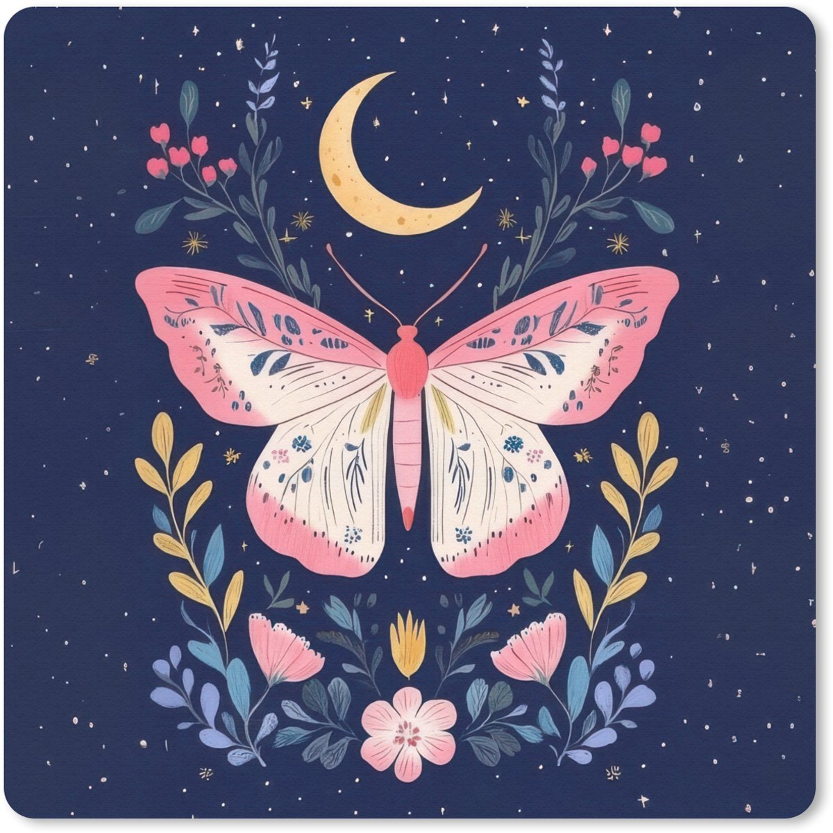 Muismat 20x20 cm - Mousepad Vlinder - Maan - Bloemen - Sterrenhemel - Muismatten