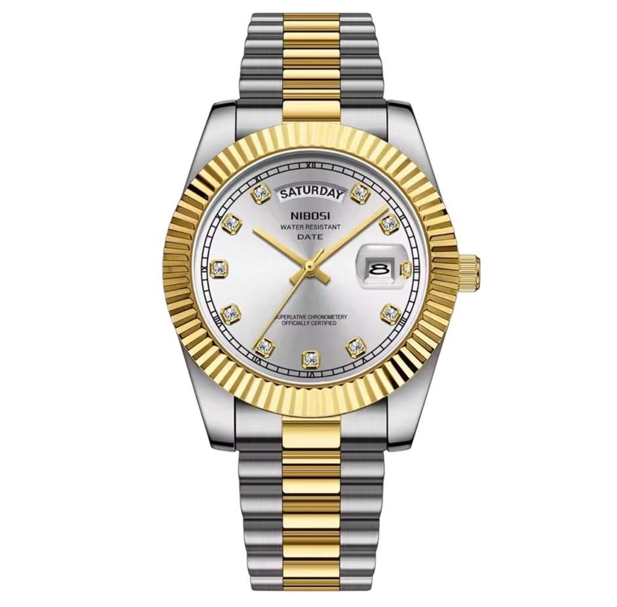 Mpariz - Luxe Herenhorloge - Polshorloge - Heren - Cadeau - Horloge - Geschenkdoos - Mannen - Zilver Goud Parelmoer Wit - RVS - Diamant