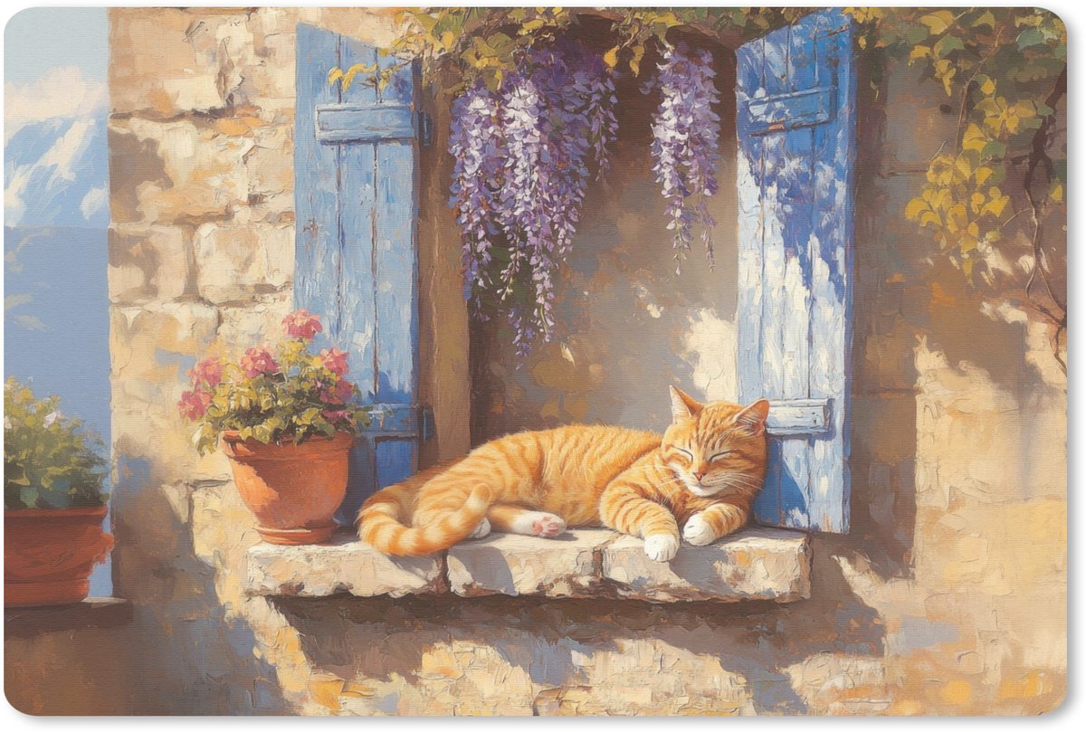 Muismat 27x18 cm - Mousepad Kat - Stenen vensterbank - Bloemen - Muismatten