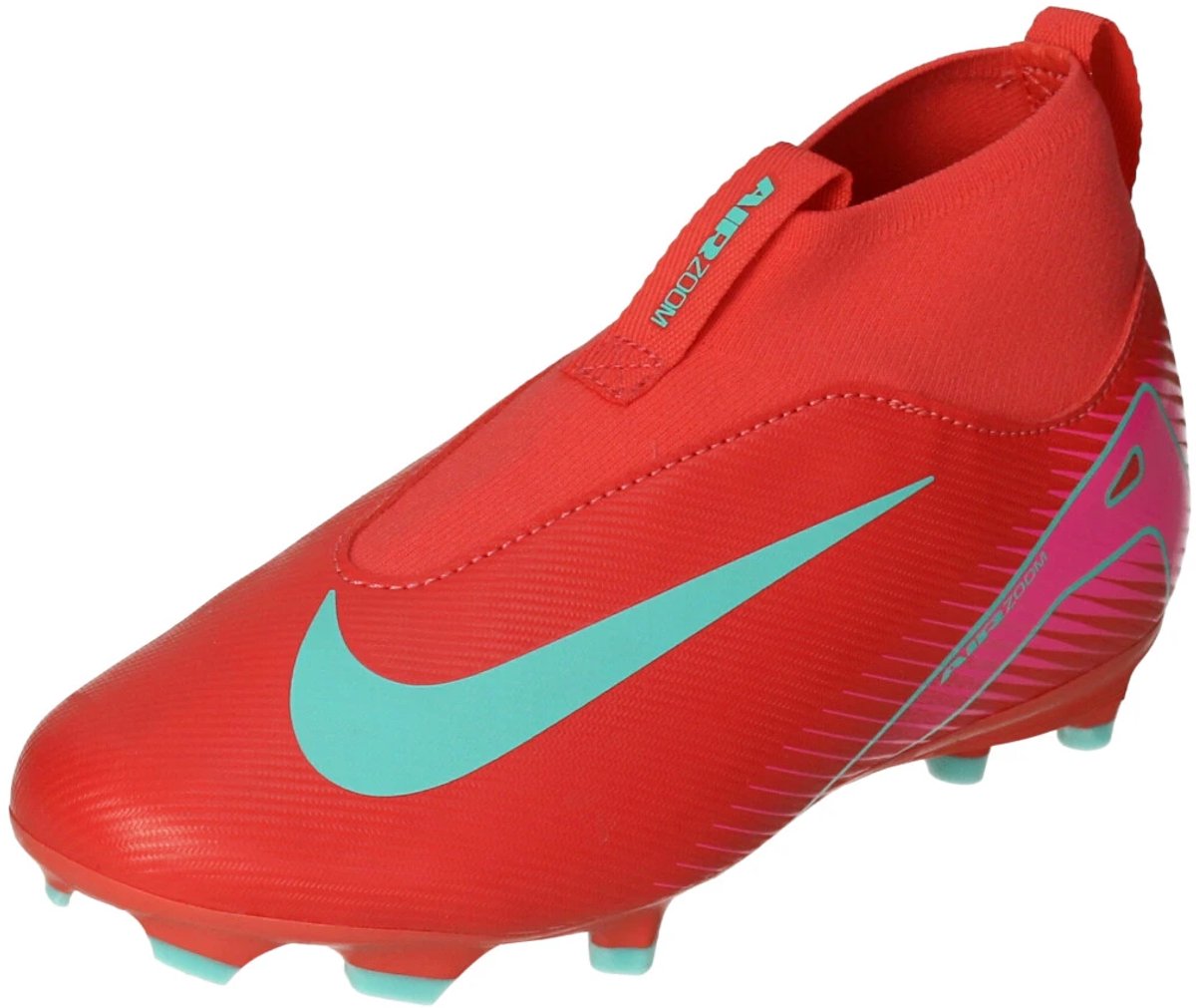 Nike jr. Mercurial Superfly 10 FG voetbalschoen in oranje met turquoise details en verbeterde Air Zoom unit in de hak.