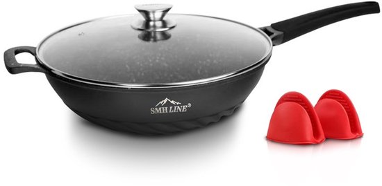 Wok SMH LINE® - Ø32cm - Convient à tous feux - Antiadhésif sans PFAS - Incl. Couvercle et poignée - Zwart