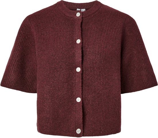 Cardigan tricoté bordeaux à manches courtes et évasées, avec des boutons blancs.