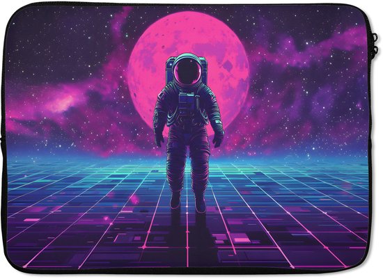 Laptophoes 13 inch - Astronaut - Maan - Roze - Sterrennevels - Laptop sleeve - Binnenmaat 32x22,5 cm - Zwarte achterkant