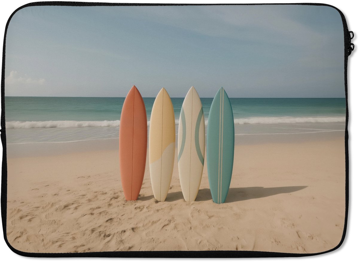 Laptophoes 14 inch - Strand - Surfbord - Pastel - Laptop sleeve - Binnenmaat 33x23 cm - Zwarte achterkant