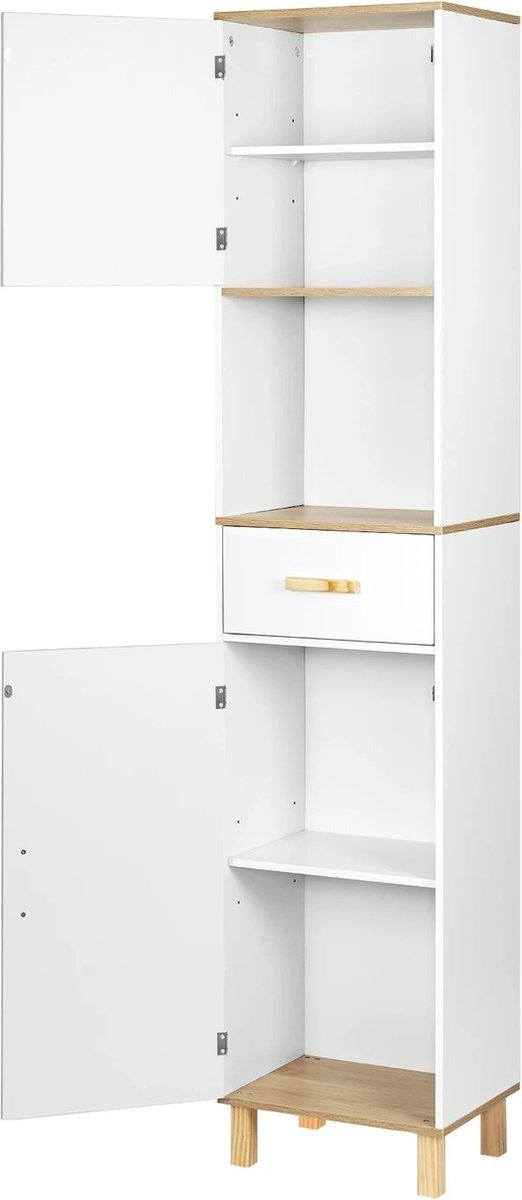 QPFO® Badkamerkast – Hoge Opbergkast met 2 Deuren & 1 Lade – Wit Houten Opbergmeubel – Medicijnkast – 180 x 40 x 30 cm
