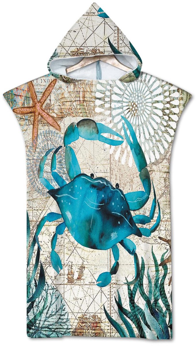 Sneldrogende Badponcho met Capuchon - Blauwe Onderwaterwereld Print - Voor Volwassenen - 75x110 cm