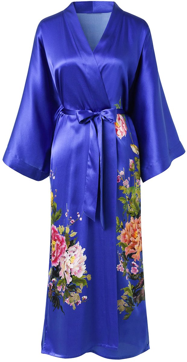 Dames Kimono Badjas - 100% Zijde, Klassiek Bloemenpatroon - Morgenjas Nachthemd - Saffierblauw, Maat S