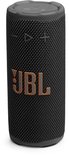 Zwarte JBL draagbare speaker met oranje JBL logo en bedieningsknoppen.