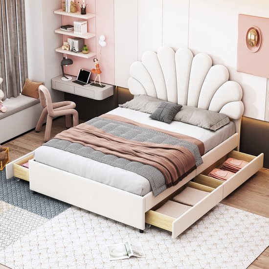 Gestoffeerd bed 140 x 200 cm - bedframe met bloemvormig hoofdeinde met opbergvak - tweepersoonsbed - beige - zonder matras