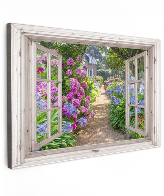 Tuinschilderij voor buiten 120x80 cm - Tuindecoratie Hortensia - Doorkijk - Bloemen - Zomer - Paars - Pad - Tuinposter op canvas - Tuin muurdecoratie - Buitenschilderij decoratie - Schutting wanddecoratie - Buitencanvas