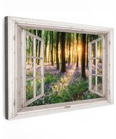 Tuinschilderij voor buiten 120x80 cm - Tuindecoratie Bos - Doorkijk - Natuur - Bloemen - Lavendel - Zonsondergang - Wit raam - Tuinposter op canvas - Tuin muurdecoratie - Buitenschilderij decoratie - Schutting wanddecoratie - Buitencanvas