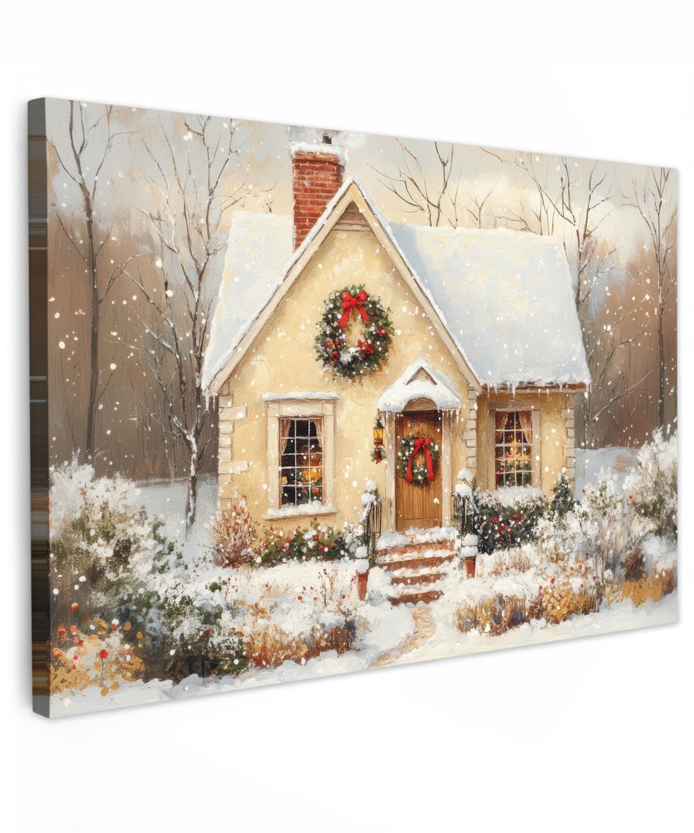 Buitenschilderij van 150x100 cm met Kerstthema, winterlandschap, huis en sneeuw op canvas voor tuindecoratie.