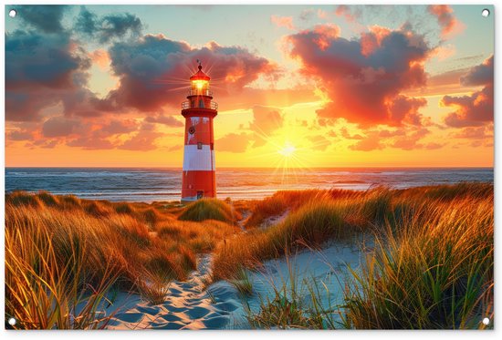 Tuinposter 120x80 cm - Tuindecoratie Vuurtoren - Zonsondergang - Duinen - Horizon - Poster voor in de tuin - Buiten decoratie - Schutting tuinschilderij - Tuindoek muurdecoratie - Wanddecoratie balkondoek