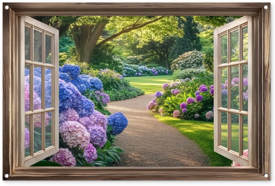 Tuinposter 120x80 cm - Tuindecoratie Doorkijk - Tuin - Raam - Hortensia - Bloemen - Poster voor in de tuin - Buiten decoratie - Schutting tuinschilderij - Tuindoek muurdecoratie - Wanddecoratie balkondoek