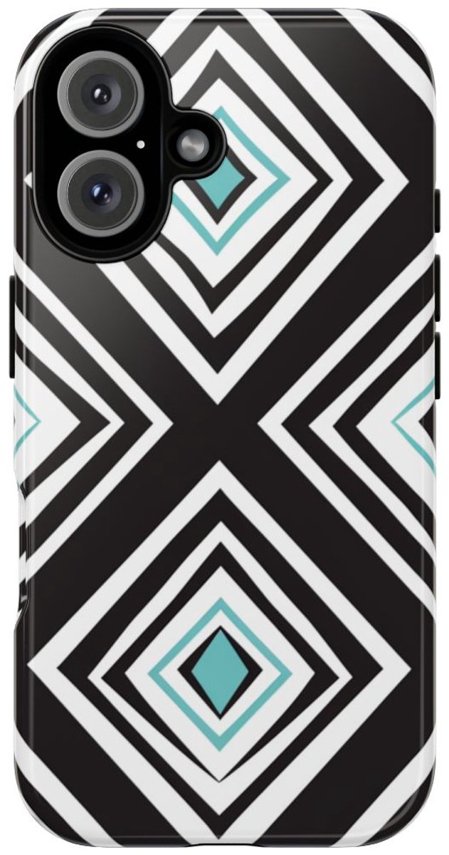 Geometrisch Zwart-Turquoise Diamantpatroon – Telefoonhoesje Geschikt voor iPhone 16