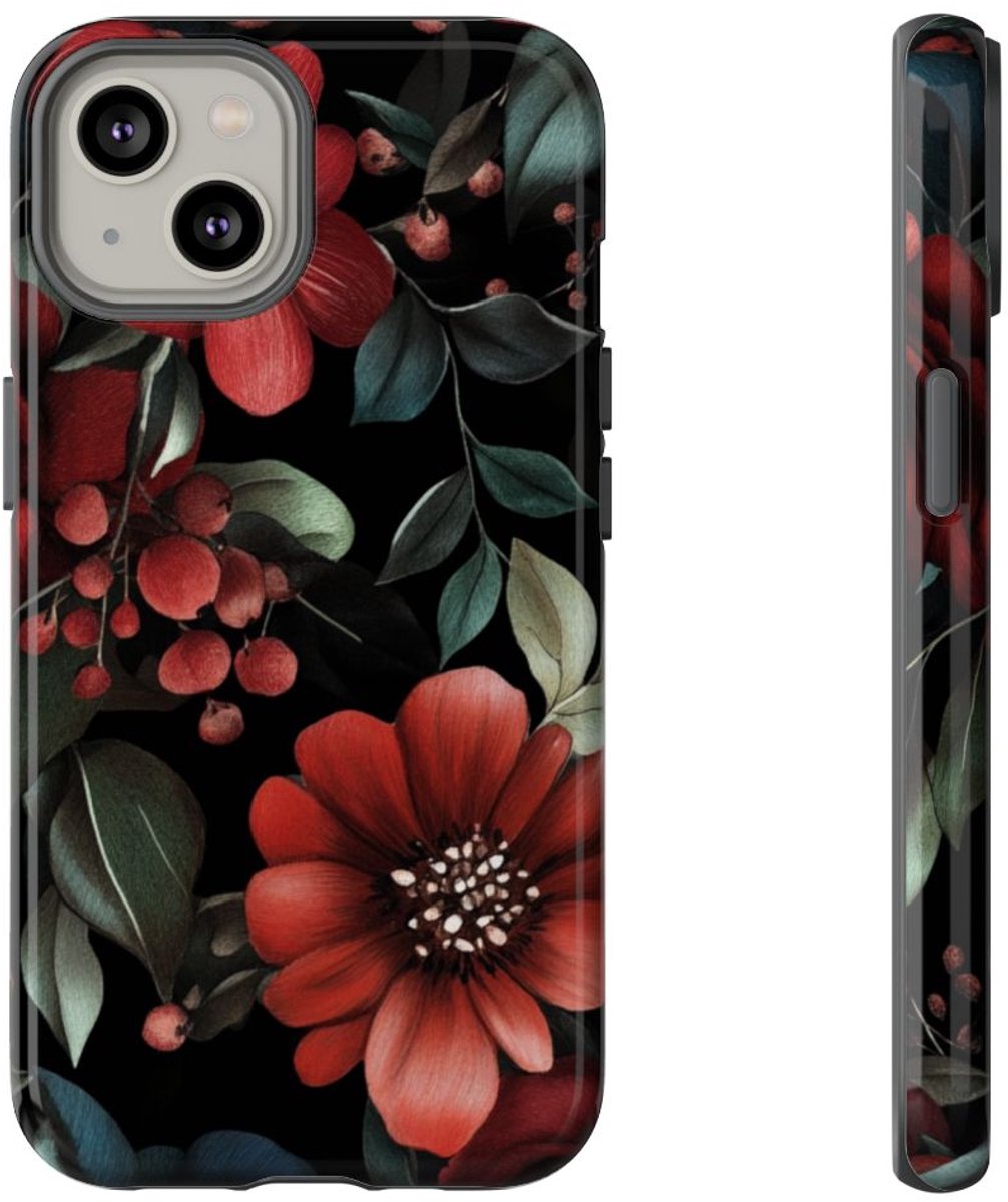 Dieprood en Groen Bloemenpatroon – Telefoonhoesje Geschikt voor iPhone 14