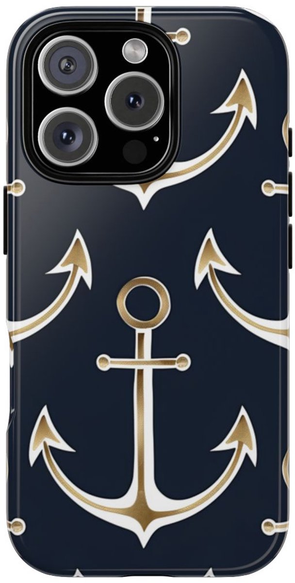 Gouden Ankers op Donkerblauwe Achtergrond – Telefoonhoesje Geschikt voor iPhone 16 Pro