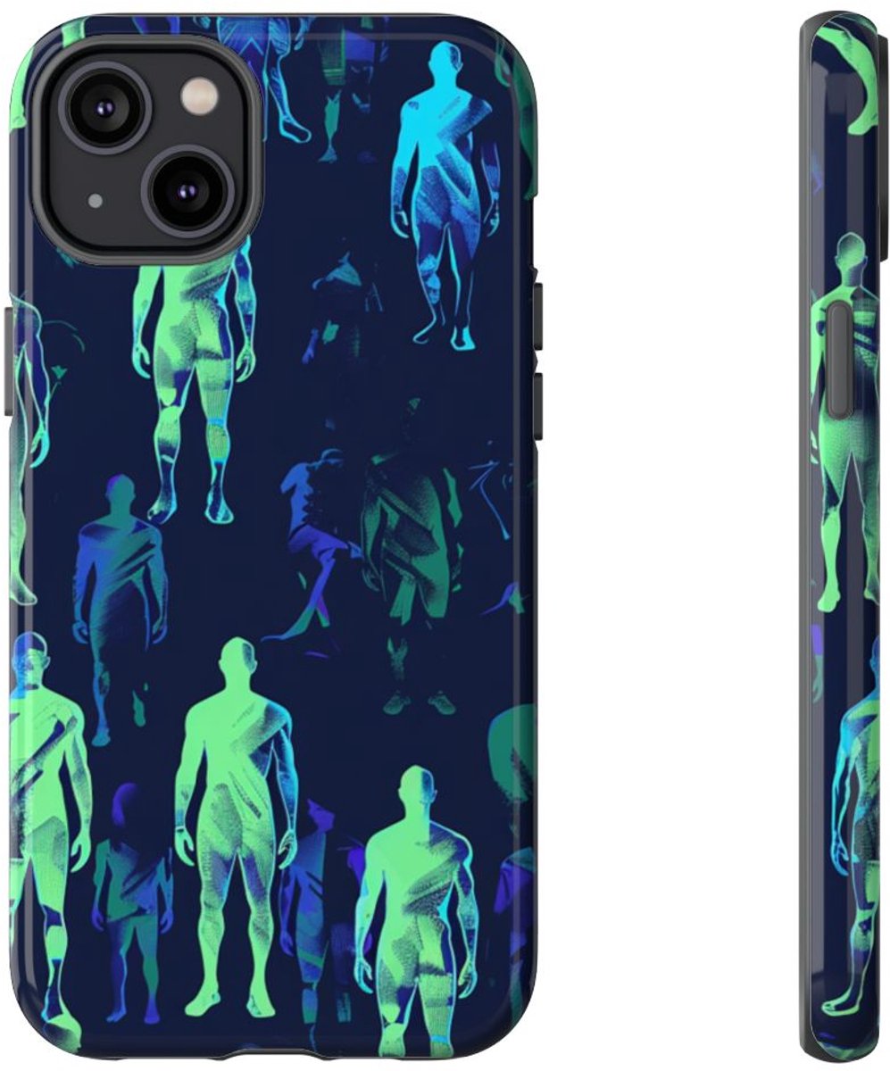 Blauw-Groene Neon Figurenpatroon – Telefoonhoesje Geschikt voor iPhone 14 Plus