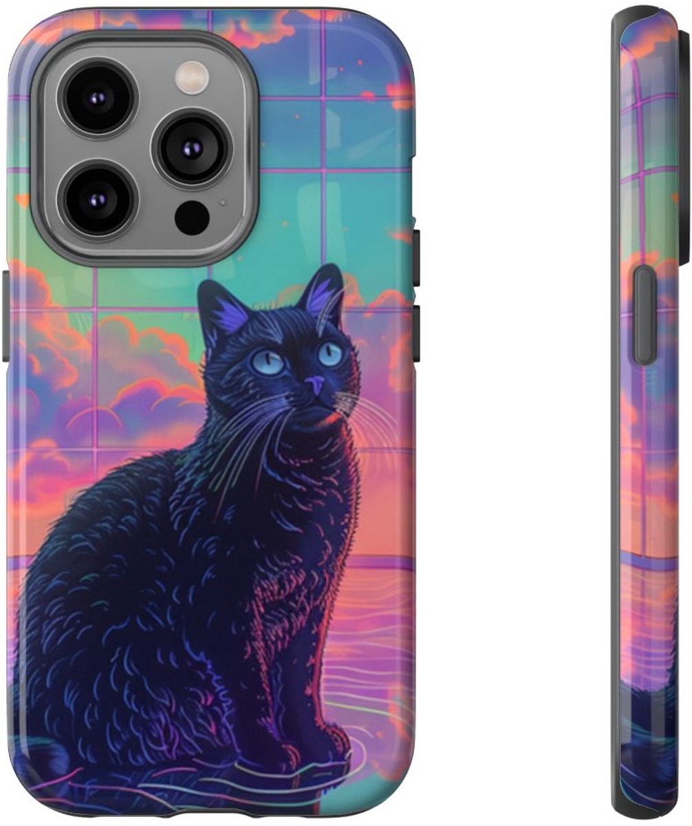 Zwarte Kat met Neonlucht Reflectie – Telefoonhoesje Geschikt voor iPhone 14 Pro
