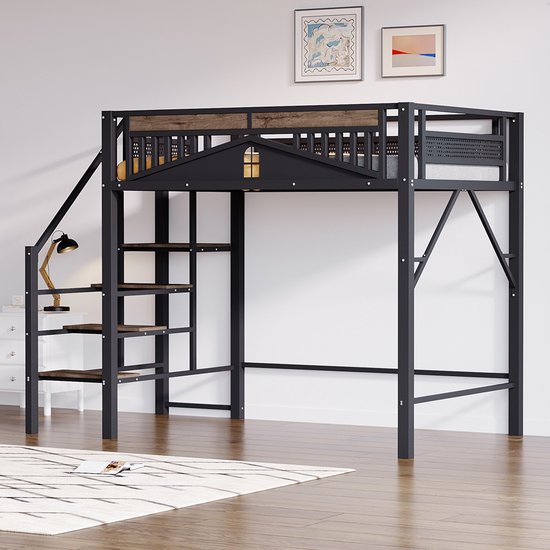 Lit mezzanine en métal Pugsdrly 140 x 200 cm Boîtier unique avec design de fenêtre Avec échelle de sécurité Beaucoup d'espace de rangement sous le lit Zwart