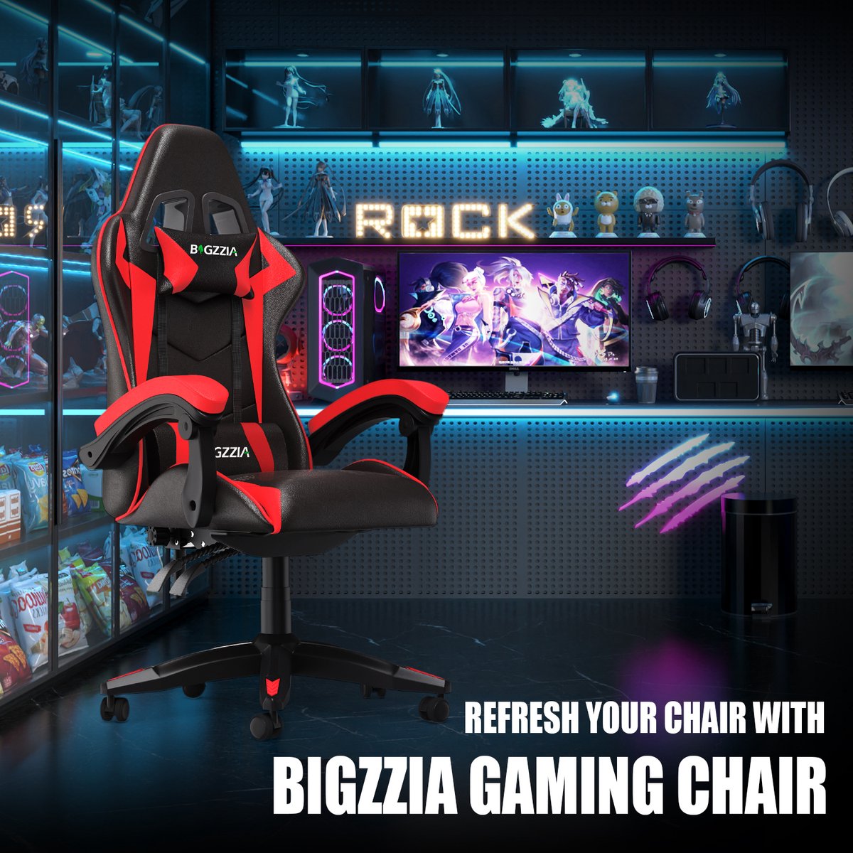 Bigzzia Ergonomische Gamingstoel met Lendenkussen en - afbeelding 3