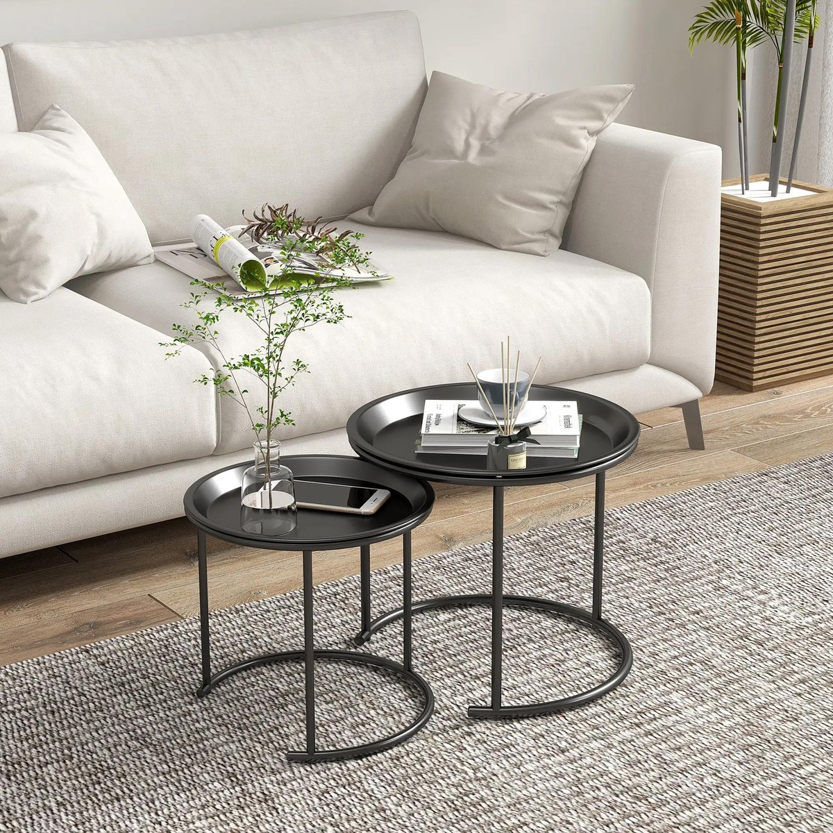 Sweiko Salontafel - Set van 2 - Ronde stapelbare tafels - Metalen frame - Dienbladblad - Zwart