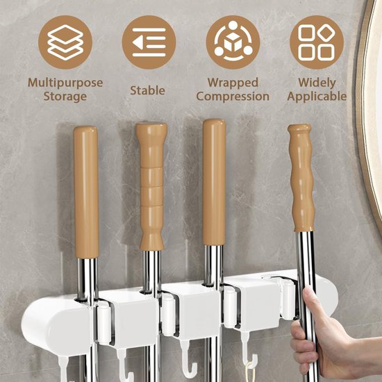 Opbergrek - Bezemhouder - dweil houder - gemonteerd bezem opbergrek - geen boren zelfklevende - voor badkamer - kantoor - keuken - kast - garage - wit van ecoKiwi — afbeelding 4