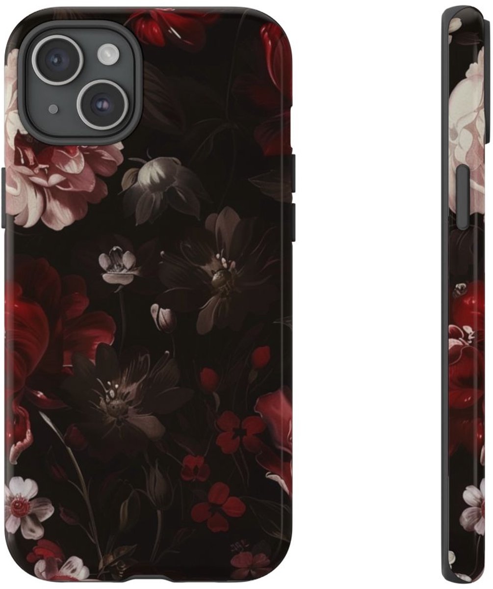 Donker Bloemmotief met Glans – Telefoonhoesje Geschikt voor iPhone 15 Plus