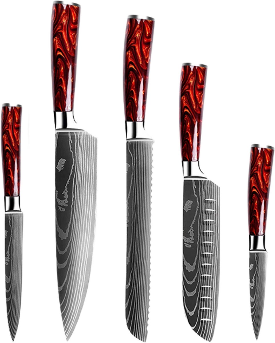 Dastium Home - 5 Delige Damascus Messenset - Damascus Stijl Japanse Keukenmessen - Messen Met Damascus Print - Met Ergonomisch Rood Epoxy Handvat - Koksmes - Santoku Mes - Broodmes - Universeel Mes- Schilmes