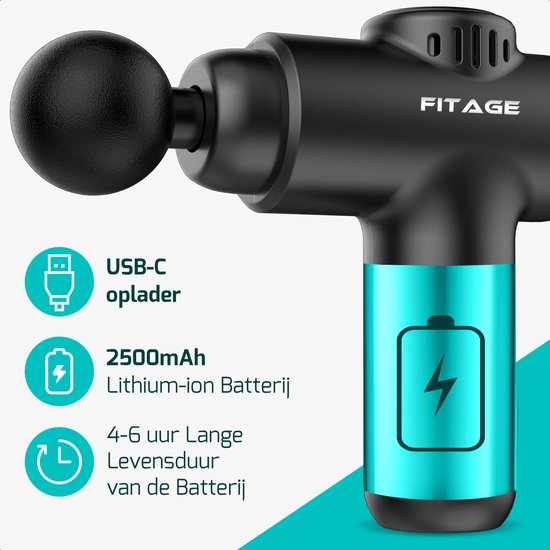 Een deel van de zwarte FITAGE massage gun met een turquoise gedeelte dat een opgeladen batterij, USB-C oplader en lange batterijduur aangeeft.