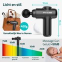 Zwarte FITAGE massage gun van 450g, 13x15cm, naast een bruine handtas. Een ander beeld toont de gun naast een slapend kind, met geluidsindicatie.