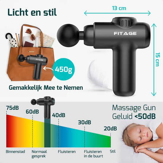 Zwarte FITAGE massage gun van 450g, 13x15cm, naast een bruine handtas. Een ander beeld toont de gun naast een slapend kind, met geluidsindicatie.