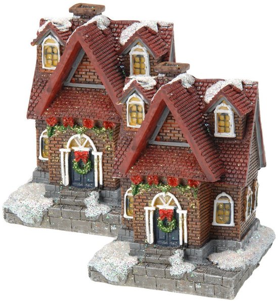 Verlicht kersthuisje - 2x - oranje bakstenen - polystone - 13 cm - kleur veranderende lichtjes - kerstdorp - kerstversiering