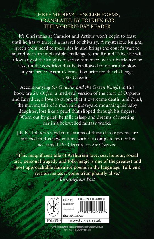 Couverture de livre avec le titre 'Three Medieval English Poems, translated by Tolkien'. Vert avec des lettres dorées. Comprend ISBN et site web.