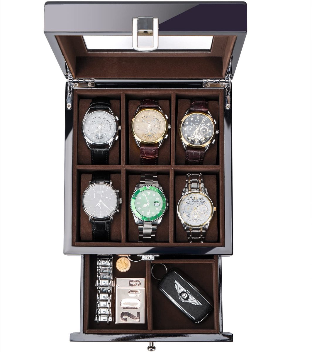 ProCase houten horlogebox voor heren, 6 compartimenten, organizer voor herenhorloges met glazen bovenkant, 2-laags gelakte displaybox voor het opbergen van horloges - zwart