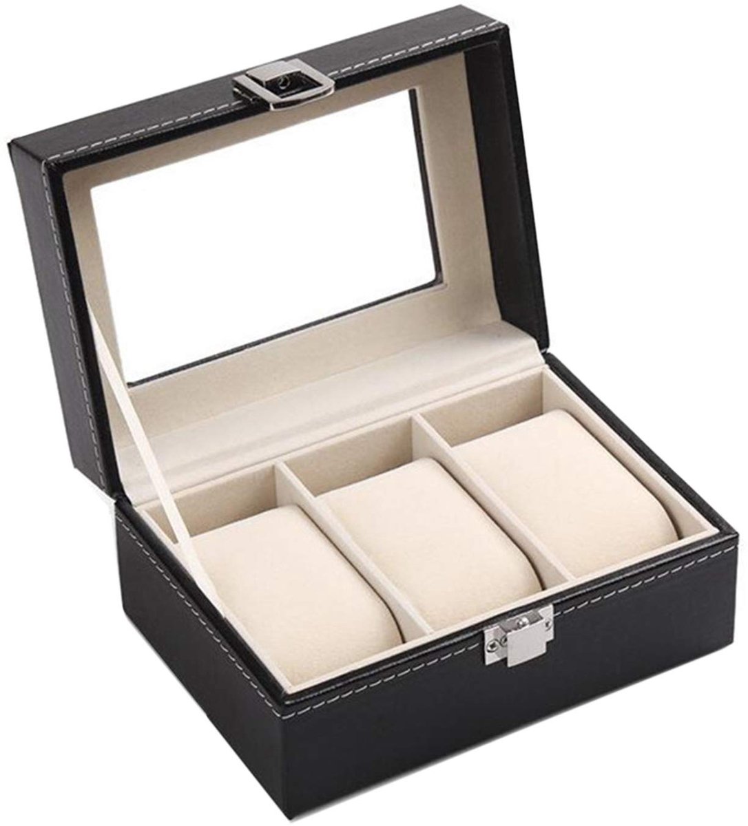 Horlogebox met 3 compartimenten, horlogeopbergbox met glazen deksel, horlogeopberger van PU-leer en fluweel, zwart, geweldig cadeau voor geliefden (15,8 x 11 x 8 cm).