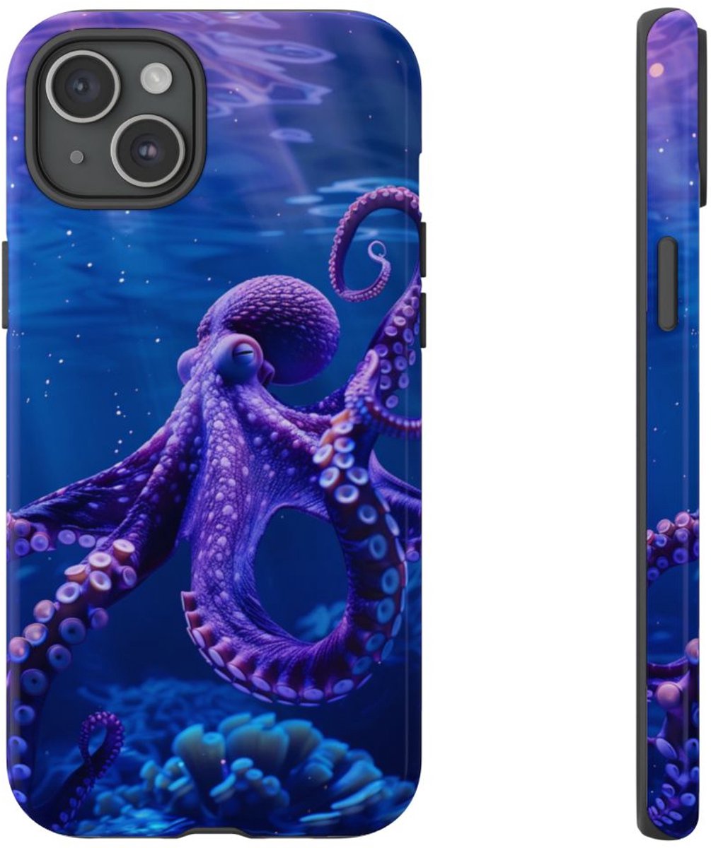 Paarse Octopus Onderwaterlandschap – Telefoonhoesje Geschikt voor iPhone 15 Plus