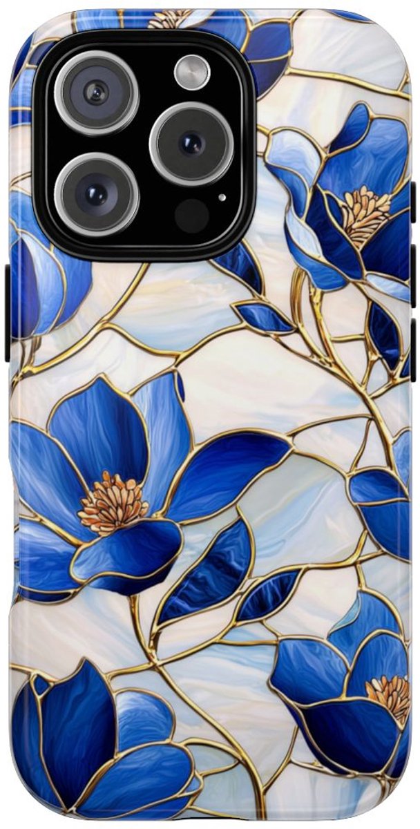 Blauw Gebloemd Glas-in-loodpatroon – Telefoonhoesje Geschikt voor iPhone 16 Pro